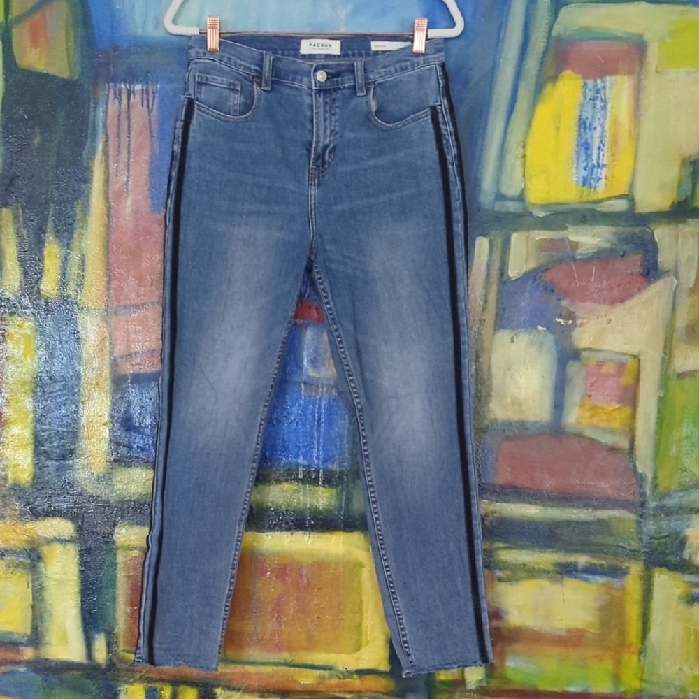 PacSun Womens 28 Blue Vintage Icon Light Wash Stretch Denim velvet double stripe